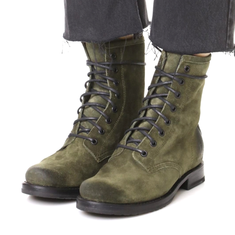 Fry Veronica Green Suede Combat Boots